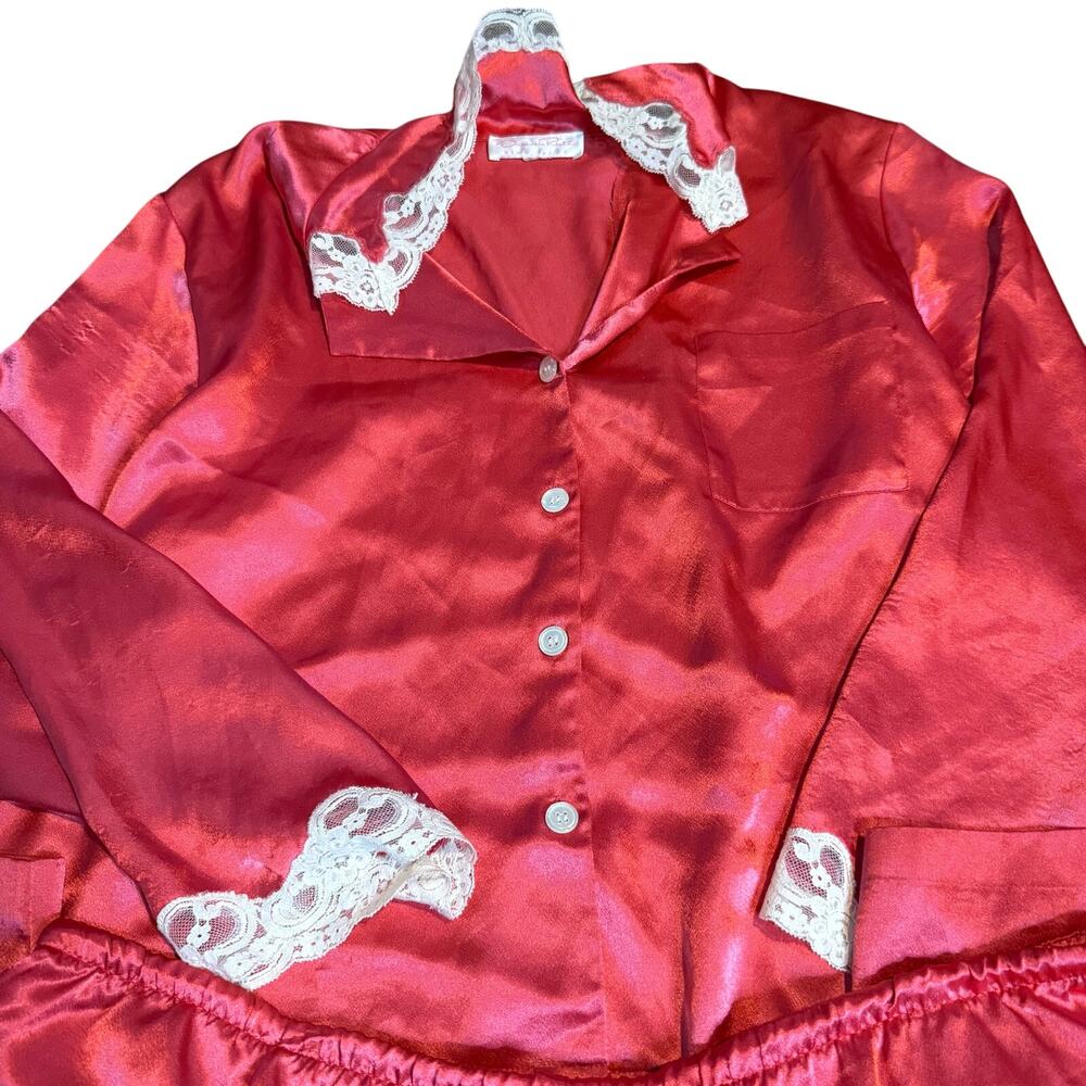 Oscar de la Renta Vintage Red Satin Pajama Set With Lace Trim, Women's XL